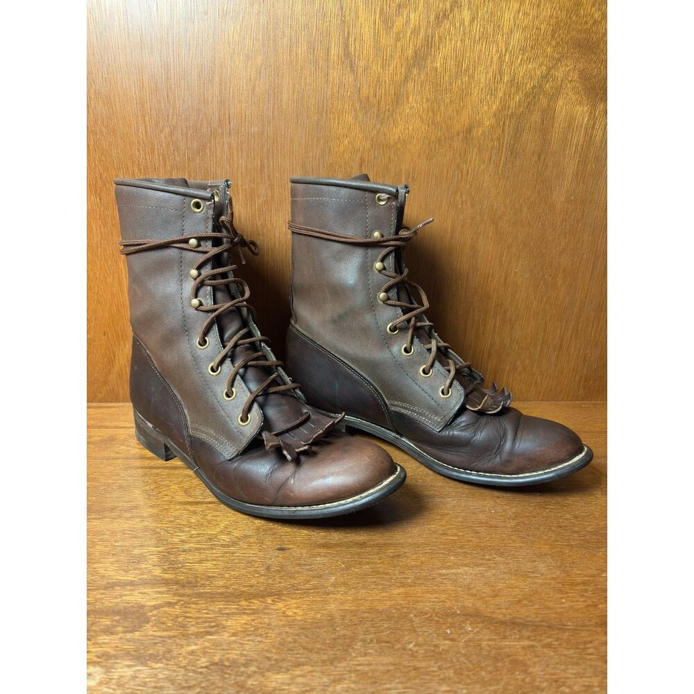 Texas Made in USA 80s Vintage Brown Leather Kiltie Lace Up Workwear Boots sz 8